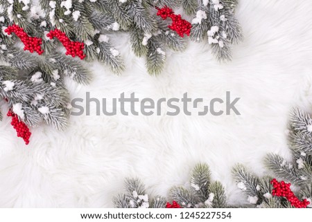 Frame  from red berries and branches fur tree on white fur  background. Decorative christmas composition. Selective focus. Place for text. View from above.
