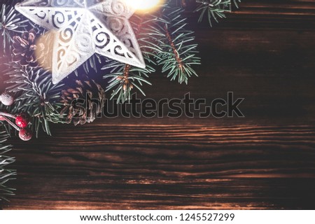 Christmas background.  Christmas decoration on wooden board.