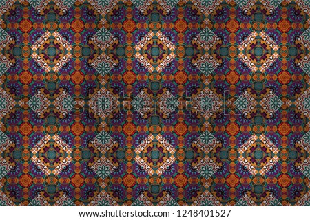 Raster geometric purple, orange and blue seamless background.