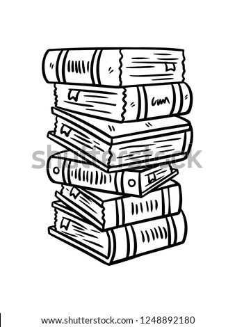 black and white line art, sketching a pile of books