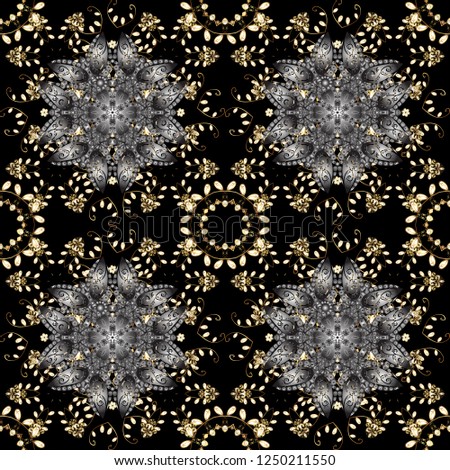 Classic oriental pattern over black colors. Damask seamless ornament. Traditional vector and golden pattern.