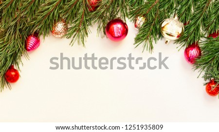 Christmas and New Year composition with decoration on white wooden background with copy space for your text