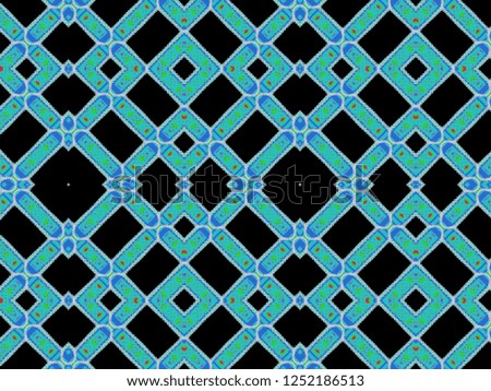 A hand drawing pattern made of blue turquoise and white on a black background.