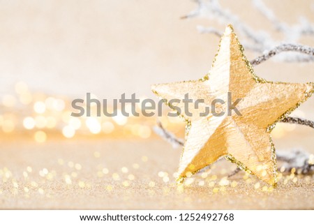 Christmas greeting card. Festive decoration on bokeh background. New Year concept. Copy space.  Flat lay. Top view.