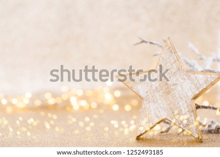 Christmas greeting card. Festive decoration on bokeh background. New Year concept. Copy space.  Flat lay. Top view.