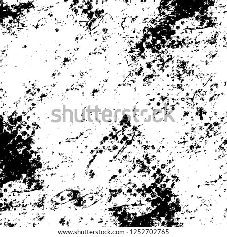 Abstract black and white vector background. Monochrome vintage surface with dirty pattern in cracks, spots, dots. Old painted wall in dark horror style design. Grunge overlay layer.