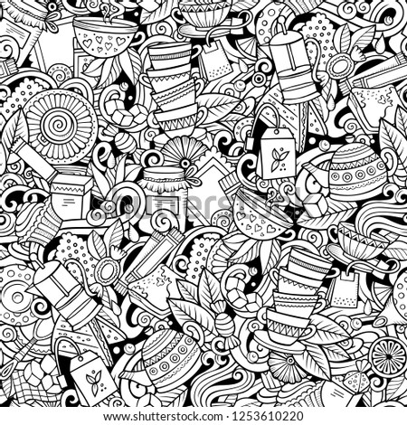 Cartoon cute doodles hand drawn Tea House seamless pattern. Line art detailed, with lots of objects background. Endless funny vector illustration. All objects separate.