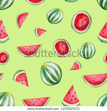 Seamless pattern with watermelons. Watermelon slices isolated on green background. Hand drawn watercolor painting