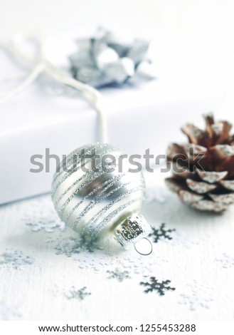 Christmas decoration and Christmas present.White background.  Close up. Copy space. 