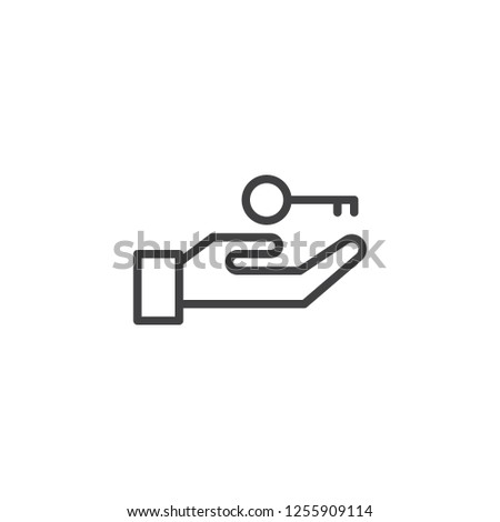 Hand and key outline icon. linear style sign for mobile concept and web design. Rent house simple line vector icon. Real estate symbol, logo illustration. Pixel perfect vector graphics