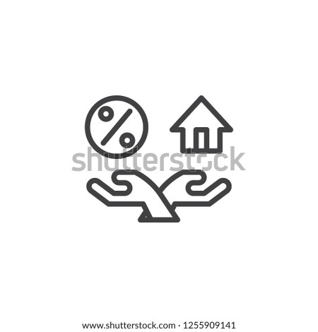 Percentage mortgage outline icon. linear style sign for mobile concept and web design. Hands with house and percentage simple line vector icon. Symbol, logo illustration. Pixel perfect vector graphics