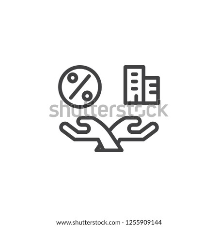 Hands with house and percentage outline icon. linear style sign for mobile concept and web design. Credit mortgage simple line vector icon. Real estate symbol, logo illustration. Pixel perfect vector