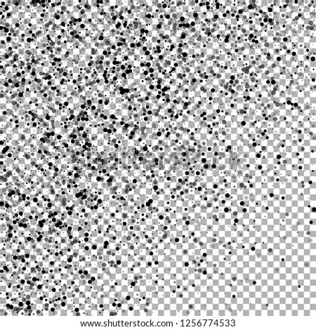 Scattered dense balck dots. Dark points dispersion on transparent background. Bizarre grey spots dispersing overlay template. Radiant vector illustration.