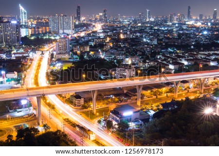 Panoramic view of Bhumipol bridge at night with the beautiful light from the top