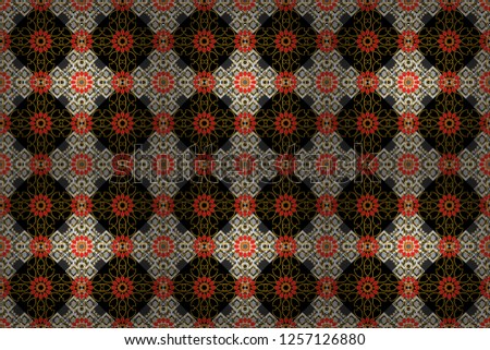 Traditional ornate portuguese decorative tiles azulejos. Ceramic tiles pattern. Raster hand drawn art, typical portuguese tiles. Orange, black and gray mandalas. Seamless abstract background.