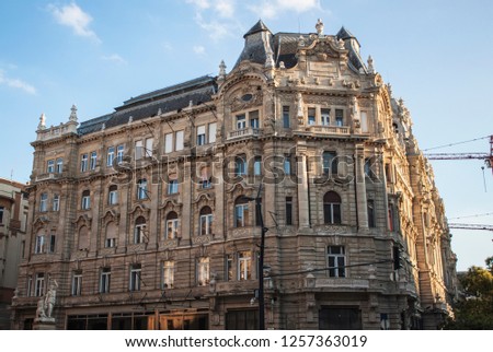 Exterior view of a Neorenaissance Palace on Ferenciek square in the old town of Budapest, Hungary, Eastern Europe. 