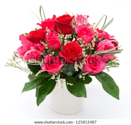red and pink rose in white vase