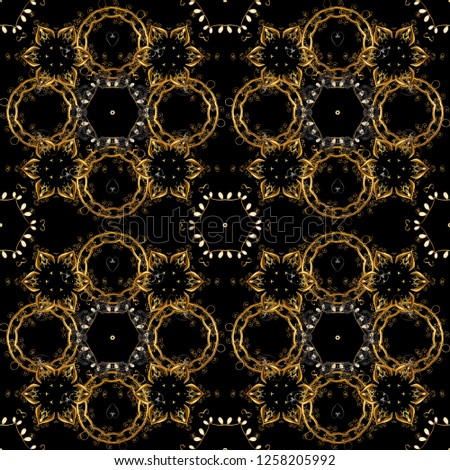 Gold metal with floral pattern. Seamless golden pattern. Vector golden floral ornament brocade textile and glass pattern. Black colors with golden elements.