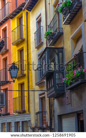 Typical street in the old city center of Toledo, Castile-La Mancha, Spain
