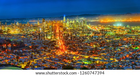 Panoramic view of the San Francisco city from the hill Twin Peaks at night time.