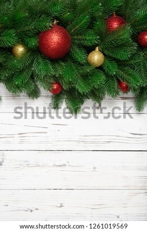 Christmas winter decoration vertical with fir branches on wooden white board background.