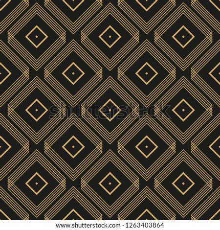 Geometric golden ornament. Seamless pattern on black background.