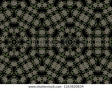 A hand drawing pattern made of green flowers tones on a black background.