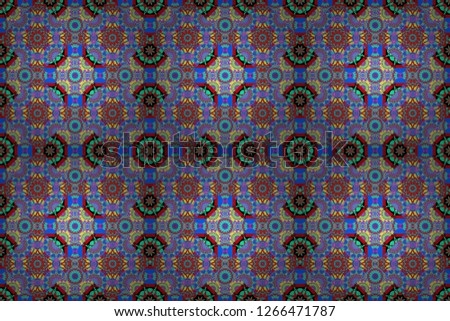 Symmetrical tile design in red, violet and blue colors. Oriental tiles, raster seamless islamic pattern with pretty oriental curves and mandalas details.