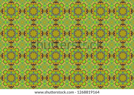 Traditional ethnic background in orange, brown and green colors. Raster colorful kaleidoscopic seamless pattern for textile, ceramic tiles, wallpapers and fabric.