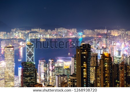 Hong Kong at night time. Aerial view from Victoria peak