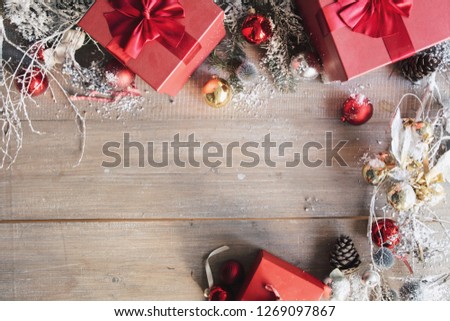 art Christmas holidays composition on wooden background with Christmas tree decoration and copy space for your text