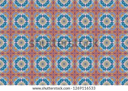 Raster illustration. Square seamless pattern composition in pink, orange and blue colors for kerchief with floral motif.