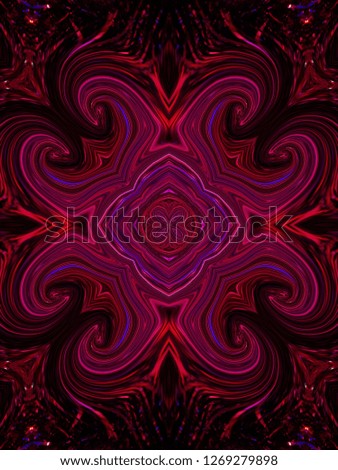Abstract symmetrical four-directional pattern with spirals in purple, red and other shades.