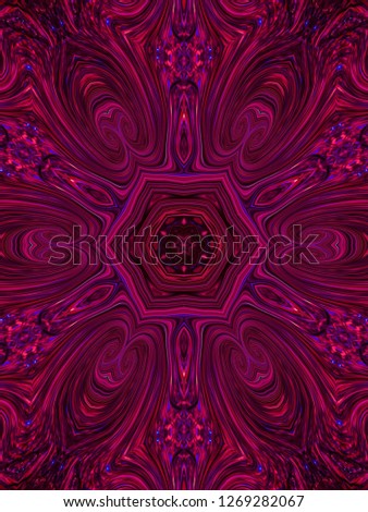 Abstract symmetrical six-directional pattern with curved lines in purple, Burgundy and other shades.