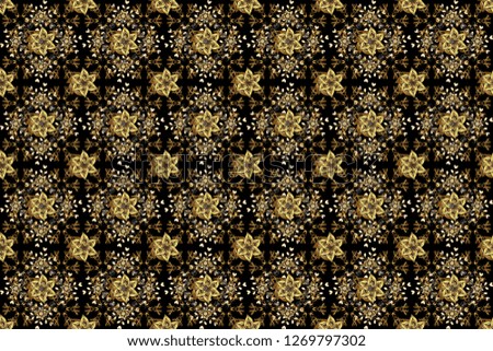Damask seamless pattern for design. Raster seamless pattern on brown, gray and black colors with golden elements.