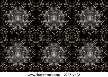 Raster golden seamless pattern. Backdrop, fabric, gold wallpaper. Golden pattern on black colors with golden elements. Flat hand drawn vintage collection.