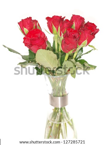 Red roses in vase, isolated towards white background
