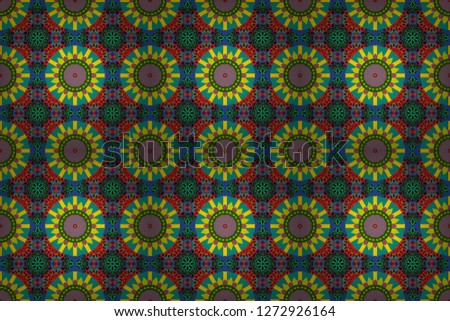 Raster illustration. Curved doodling background. Ethnic colorful doodle texture in red, green and blue colors. Tracery seamless pattern in Mehndi style.