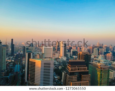 Industrial office building sunrise colorful sky aerial view Bangkok Thailand