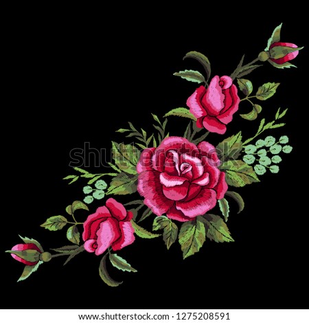 Red roses embroidery on black background. T-shirt design, element for greeting cards. Trend floral design. Satin stitch imitation, vector.