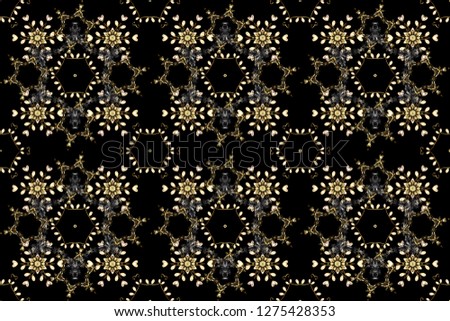 Golden elements on gray and black colors. Stylish graphic pattern. Wallpaper baroque, damask. Seamless raster background. Floral pattern.