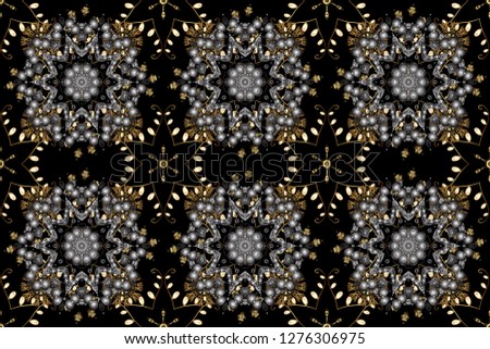Stylish graphic pattern. Seamless raster background. Golden elements on black colors. Wallpaper baroque, damask. Floral pattern.