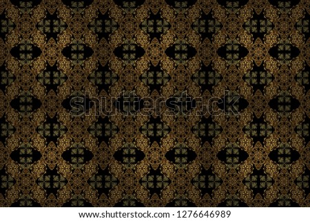 Raster oriental style arabesques. Seamless pattern with golden elements, curls and ornaments on a black background.