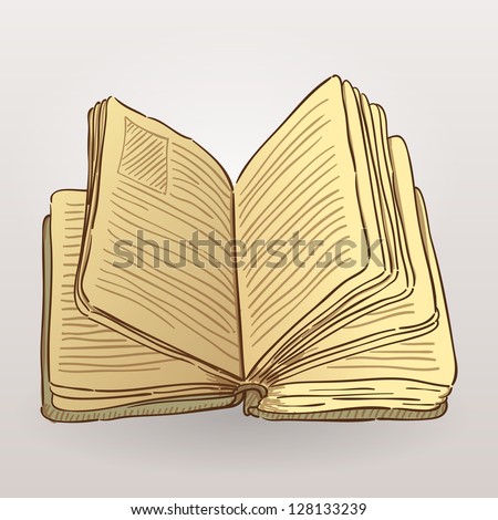 Book Illustration - Brown handmade drawing of open book with yellow pages