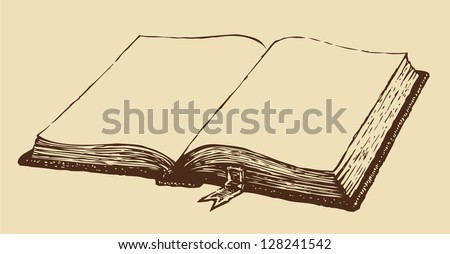 Vector drawing. Old open book with a bookmark