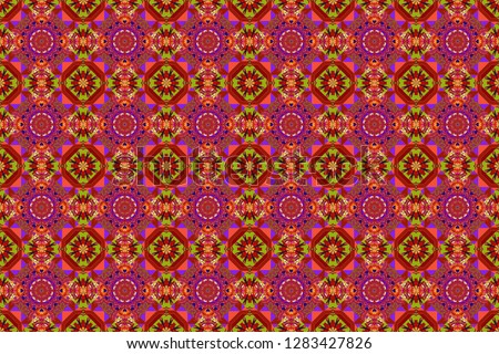 Raster illustration. Textured seamless pattern. Abstract blurred paisley purple, red and orange ornament. Orient popular style. Sloping seamless colorful ornament for design and backgrounds.