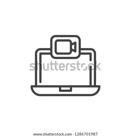 Laptop video call line icon. linear style sign for mobile concept and web design. Notebook with camera outline vector icon. Symbol, logo illustration. Pixel perfect vector graphics