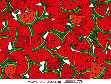 Seamless vector pattern of red juicy sweet watermelon slices lying on each other