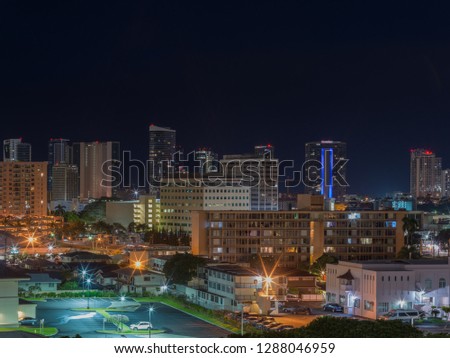 Honolulu, Hawaii, USA.  Jan. 18, 2019.  Evening view new high rise condominiums surrounded by older apartments