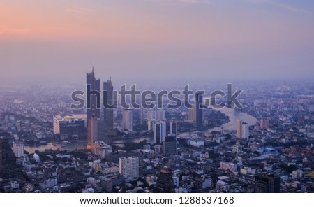 Bangkok cityscape.  view overlooking the Chao Phraya River in the evening